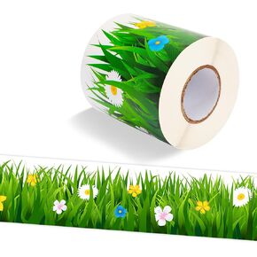 Green Grass Flower Bulletin Board Border, Self-Adhesive Spring Grass Flower Border Trim for Spring Easter Back to School Classroom Bulletin Board Home Office Wall Decorations, 65.6 ft