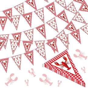 Boao 5 PCS Crawfish Pennant Banner Crawfish Party Decorations 49.2ft Shrimp Boil Pennant Flags Red plaid Hanging Banner for Birthday Lobster Mardi Gras Summer Shrimp Party Supplies