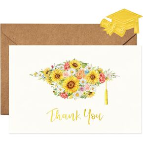 Crisky Graduation Thank You Cards 2025 with Self-adhesive Envelopes & Stickers, 50 PK Grad Thank You Notes Bulk, Flowers High School Cap with Gold Foil Design
