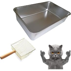 Stainless Steel Food Grade Cat Litter Box 17.5" x 13.5" x 6" and Golden Scoop Cat Litter Scooper Set