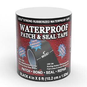 Flexible Rubberized Waterproof Tape, 4 in x 5 ft Patch & Seal Tape for Leaks, Working Underwater, Indoor Outdoor Use - Home RV Roof Plumbing and Pool Repairs, Black