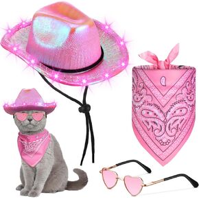 Aliceset 3 Pcs Pet Cowboy Costume Cat Cowboy Accessories Set Neon Sparkly Dog Cowboy Hat Paisley Bandanna Collar and Sunglasses LED Light up Western Small Cat Dog Cowgirl Costume(Pink, Shiny, Shiny)