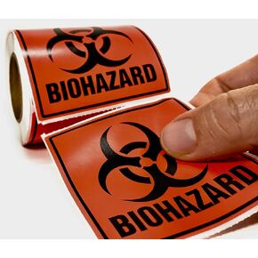 Biohazard 3 "× 3" ملصقات/ملصقات مثقبة 250 لفة. تحذير الخطر الأحمر البرتقالي الفلورسنت. شارات السلامة الصناعية والطبية والمستشفيات