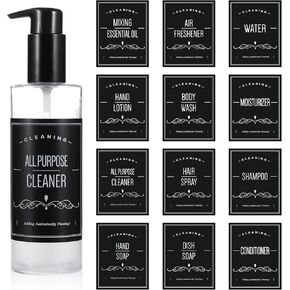 24 PCS Soap Dispenser Waterproof Labels, Removable Bathroom Organization Labels Kitchen Bathroom Soap Shampoo Conditioner Dispenser Label Removable Cleaning Stickers Black Soaps Dispensers Label