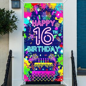 Avezano Neon Sweet 16 Banner Happy 16th Banner Banner Glow Neon Party Decorations Sweet Sixteen Birthday Party Decorations