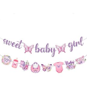2PCS Butterfly Baby Shower Decorations Banner Purple Welcome Sweet Baby Girl Banner