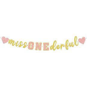 Miss Onederful Gold و Pink Glitter Garland Banner مثالية لفتاة صغيرة رائعة طفلة طفلة صغيرة ديكورات حفلة عيد ميلاد.