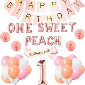 One Sweet Peach 1st Birthday Decorations for Girls - Party Supplies with Cake Smash Banner, Balloons, Rose Gold