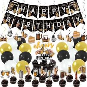 44pcs زخارف الحفلات البيرة ، زخارف عيد ميلاد سعيد للرجال ، هتافات ولوازم الحفلات تشمل اللافتات الشنقية كعكة و Cupcake Toppers للرجال 30 مرة 50th عيد ميلاد