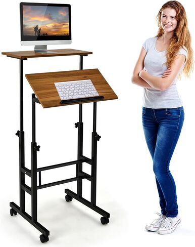 COSTWAY Mobile Standing Desk, Height Adjustable Rolling Laptop Cart w/Tilting Desktop for Standing or Sitting, Lockable Casters, Home Office Computer Workstation for Small Spaces (Walnut) in Kuwait