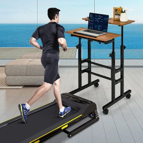 COSTWAY Mobile Standing Desk, Height Adjustable Rolling Laptop Cart w/Tilting Desktop for Standing or Sitting, Lockable Casters, Home Office Computer Workstation for Small Spaces (Walnut) in Kuwait