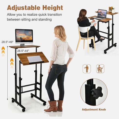 COSTWAY Mobile Standing Desk, Height Adjustable Rolling Laptop Cart w/Tilting Desktop for Standing or Sitting, Lockable Casters, Home Office Computer Workstation for Small Spaces (Walnut) in Kuwait