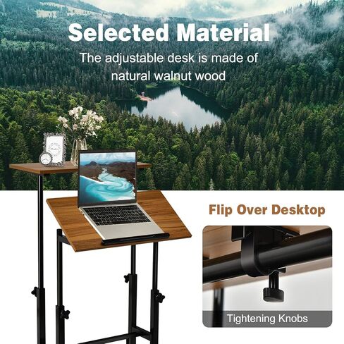 COSTWAY Mobile Standing Desk, Height Adjustable Rolling Laptop Cart w/Tilting Desktop for Standing or Sitting, Lockable Casters, Home Office Computer Workstation for Small Spaces (Walnut) in Kuwait