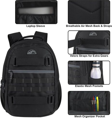 Laptop Backpack with Skateboard Straps, Heavy Duty 19 Inch Dual Compartment Tactical Backpack for College, Travel, Work (Black) in Saudi Arabia