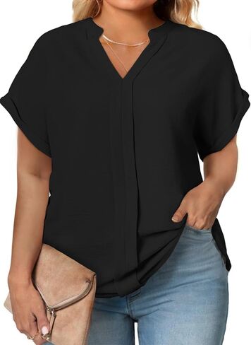 Eytino Womens Plus Size Summer Tops V Neck Short Sleeve Dressy Casual Blouse Work Shirts (1X-5X) in Kuwait