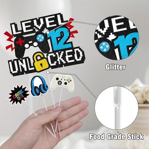 Level 12 Unlocked Cake Topper, Happy 12th Birthday Cake Topper for Boys Girls, Video Game Controller Themed Birthday Party Supplies Decorations in Kuwait