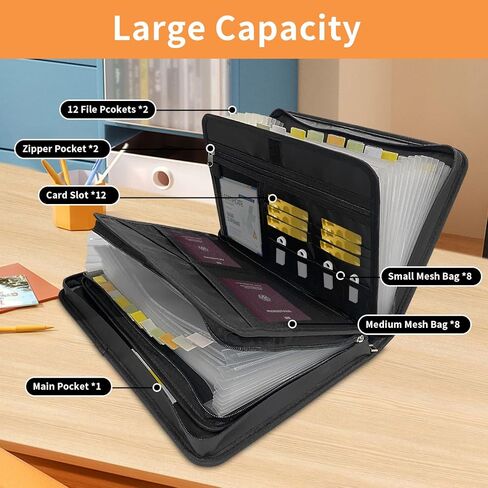 Accordion File Organizer, 12 Pocket Expanding File Folder with Multi Pockets Fireproof Folder with Zipper & Labels Portable Business Fire Safe Storage for Letter A4 Files and More in Kuwait