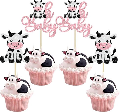 ephlyn 24pcs البقر الأول عيد ميلاد كب كيك أعلى قبعات بريق مزرعة الحيوانات moo واحد كب كيك اختيار الزخارف للاستحمام الطفل الأول لحفلات عيد الميلاد اللوازم الوردي in Saudi Arabia