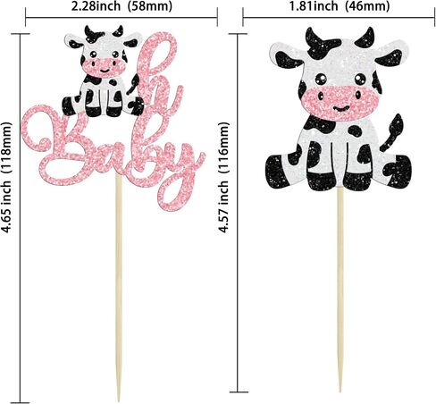 ephlyn 24pcs البقر الأول عيد ميلاد كب كيك أعلى قبعات بريق مزرعة الحيوانات moo واحد كب كيك اختيار الزخارف للاستحمام الطفل الأول لحفلات عيد الميلاد اللوازم الوردي in Saudi Arabia