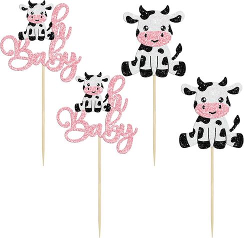 ephlyn 24pcs البقر الأول عيد ميلاد كب كيك أعلى قبعات بريق مزرعة الحيوانات moo واحد كب كيك اختيار الزخارف للاستحمام الطفل الأول لحفلات عيد الميلاد اللوازم الوردي in Saudi Arabia