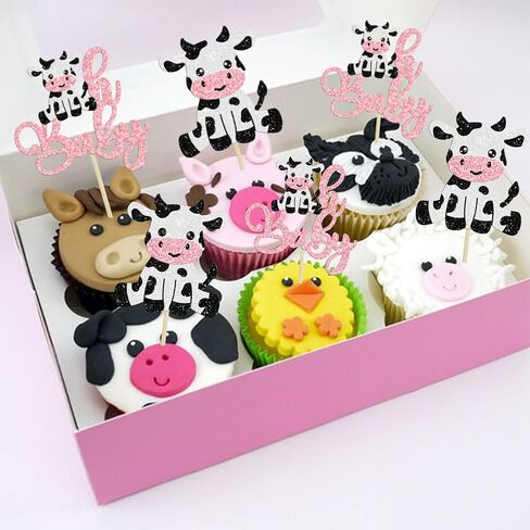 ephlyn 24pcs البقر الأول عيد ميلاد كب كيك أعلى قبعات بريق مزرعة الحيوانات moo واحد كب كيك اختيار الزخارف للاستحمام الطفل الأول لحفلات عيد الميلاد اللوازم الوردي in Saudi Arabia
