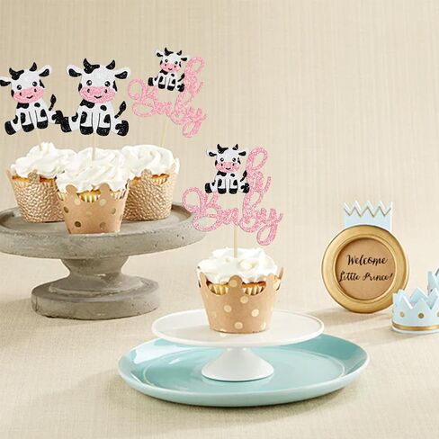 ephlyn 24pcs البقر الأول عيد ميلاد كب كيك أعلى قبعات بريق مزرعة الحيوانات moo واحد كب كيك اختيار الزخارف للاستحمام الطفل الأول لحفلات عيد الميلاد اللوازم الوردي in Saudi Arabia