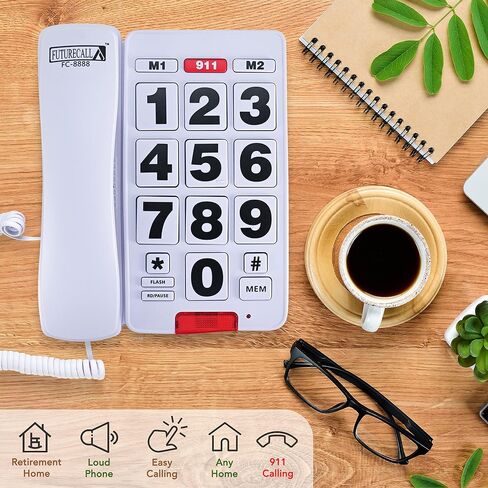 Future Call FC-2804 Big Button Phone for Seniors | 3 Picture Keys and Speakerphone | Amplified Telephones for Hearing Impaired Seniors 40db w/Extra Long 12' Cord | Simple Landline Phones for Seniors in Saudi Arabia