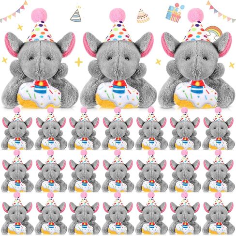 24 Pcs Birthday Mini Elephant Stuffed Animals Small Plush Elephant Keychains Set with Birthday Hats Birthday Mini Stuffed Animals Keychains Bulk for Party Favor in Saudi Arabia