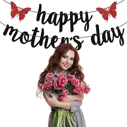 Black Glitter Happy Mother's Day Banner, Feliz Dia Mama/Feliz Dia De Las Madres, Mother's Day Party Decorations Supplies in Saudi Arabia
