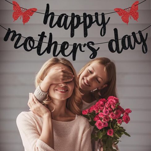 Black Glitter Happy Mother's Day Banner, Feliz Dia Mama/Feliz Dia De Las Madres, Mother's Day Party Decorations Supplies in Saudi Arabia