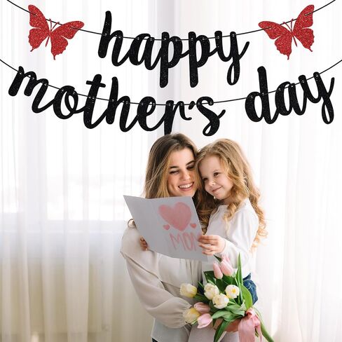 Black Glitter Happy Mother's Day Banner, Feliz Dia Mama/Feliz Dia De Las Madres, Mother's Day Party Decorations Supplies in Saudi Arabia