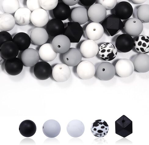 49pcs حبات السيليكون للخرز الأكامى للخرز لسلسلة المفاتيح صنع حبات سيليكون مطاطية 15 ملم لأساور وقلائد الحرف اليدوية diy （أسود أبيض） in Kuwait