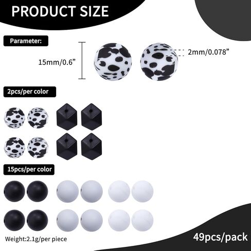 49pcs حبات السيليكون للخرز الأكامى للخرز لسلسلة المفاتيح صنع حبات سيليكون مطاطية 15 ملم لأساور وقلائد الحرف اليدوية diy （أسود أبيض） in Kuwait