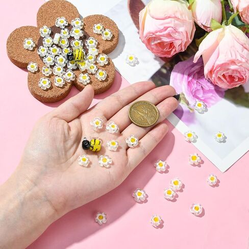 Ornaland 54 PCS Lampwork Glass Beads Daisy Flower Beads Bee Beads Beads Glass Beads for Jewelry Making Bracelets Strains Rosy (Bee Daisy Flower) in Kuwait