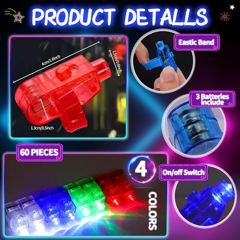 60 Pcs LED Finger Lights, Led Party Finger Lights, Finger Flashlights Light Up Ring Lights Toys, Glow in The Dark Party Supplies, Finger Ring Toys for Holiday,Concert Shows,Raves, 4 Color in Saudi Arabia