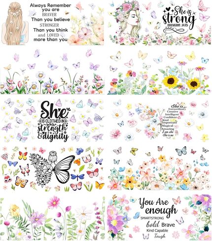 CRASHOT UV DTF Cup Wraps for 16 OZ - 10 Sheets Butterfly UV DTF for Glass, Tumbler, Sunflower Girl Floral Flower Design, Self Affirmation Inspirational Waterproof Rub on Transfer in Kuwait