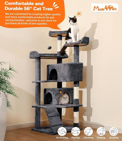 Made4Pets Cat Tree Tower 56in Cat Tower for Indoor Cats Kitten Tree Multi-Level Cat Tree with 2 Condo Furniture Activity Center with Scratching Posts Funny Toys Kittens Pet Play House, Dark Grey in Kuwait