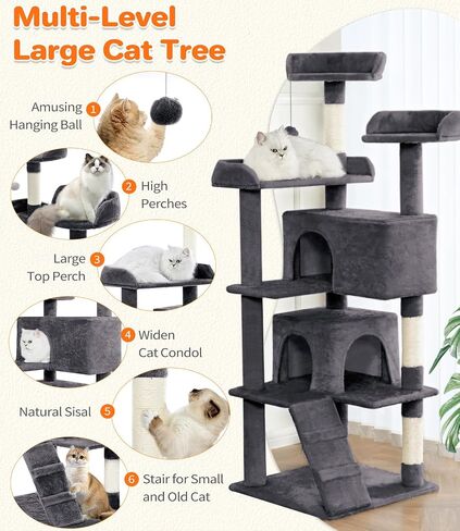 Made4Pets Cat Tree Tower 56in Cat Tower for Indoor Cats Kitten Tree Multi-Level Cat Tree with 2 Condo Furniture Activity Center with Scratching Posts Funny Toys Kittens Pet Play House, Dark Grey in Kuwait