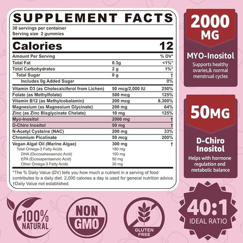 Myo-Inositol & D-Chiro Inositol Gummies Sugar Free, 40:1 Ratio Inositol Supplement Gummies for Women with Vegan Omega-3 & Vitamin D, Methyl Folate + B12, Fertility & Ovarian Support, Hormone Balance in Kuwait