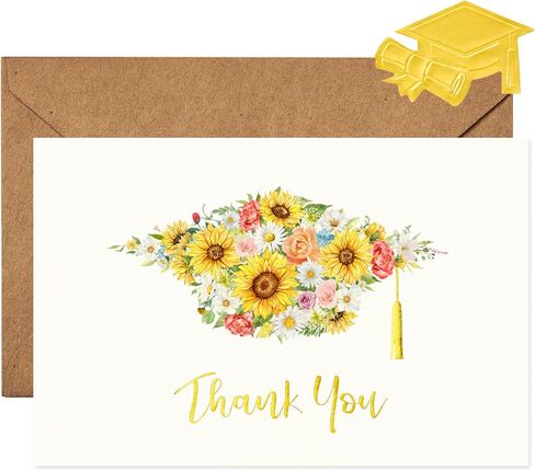 Crisky Graduation Thank You Cards 2025 with Self-adhesive Envelopes & Stickers, 50 PK Grad Thank You Notes Bulk, Flowers High School Cap with Gold Foil Design in Saudi Arabia