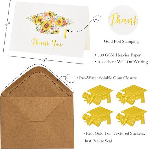 Crisky Graduation Thank You Cards 2025 with Self-adhesive Envelopes & Stickers, 50 PK Grad Thank You Notes Bulk, Flowers High School Cap with Gold Foil Design in Saudi Arabia