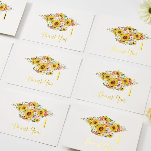 Crisky Graduation Thank You Cards 2025 with Self-adhesive Envelopes & Stickers, 50 PK Grad Thank You Notes Bulk, Flowers High School Cap with Gold Foil Design in Saudi Arabia