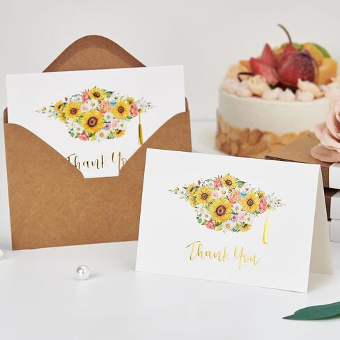 Crisky Graduation Thank You Cards 2025 with Self-adhesive Envelopes & Stickers, 50 PK Grad Thank You Notes Bulk, Flowers High School Cap with Gold Foil Design in Saudi Arabia