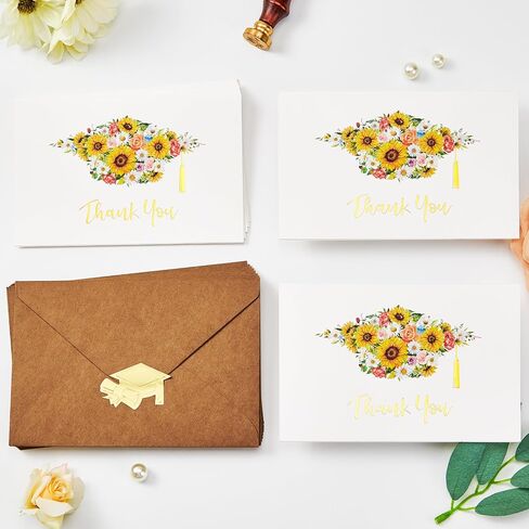 Crisky Graduation Thank You Cards 2025 with Self-adhesive Envelopes & Stickers, 50 PK Grad Thank You Notes Bulk, Flowers High School Cap with Gold Foil Design in Saudi Arabia