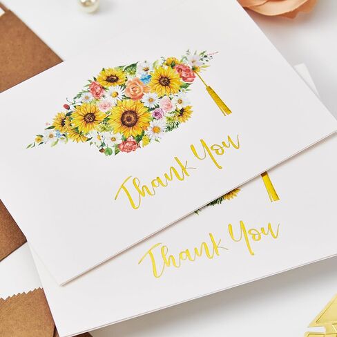 Crisky Graduation Thank You Cards 2025 with Self-adhesive Envelopes & Stickers, 50 PK Grad Thank You Notes Bulk, Flowers High School Cap with Gold Foil Design in Saudi Arabia