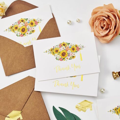 Crisky Graduation Thank You Cards 2025 with Self-adhesive Envelopes & Stickers, 50 PK Grad Thank You Notes Bulk, Flowers High School Cap with Gold Foil Design in Saudi Arabia
