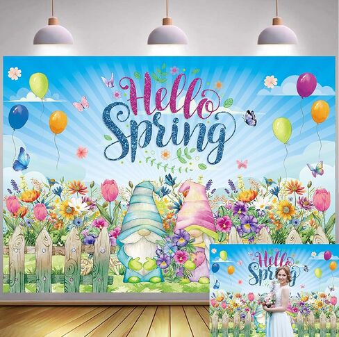 Hello Spring Backdrop 6x4FT Spring Gnome Tulips Daisy Flowers Photography Background Easter Party Decorations for Holiday Photo Prop Booth Indoor Outdoor in Saudi Arabia