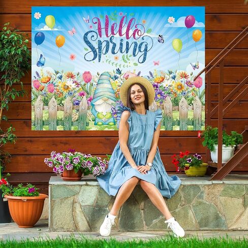Hello Spring Backdrop 6x4FT Spring Gnome Tulips Daisy Flowers Photography Background Easter Party Decorations for Holiday Photo Prop Booth Indoor Outdoor in Saudi Arabia