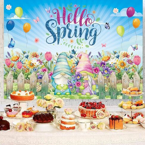 Hello Spring Backdrop 6x4FT Spring Gnome Tulips Daisy Flowers Photography Background Easter Party Decorations for Holiday Photo Prop Booth Indoor Outdoor in Saudi Arabia