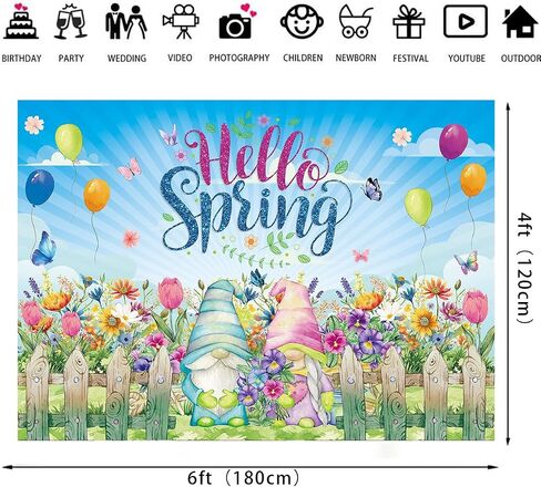 Hello Spring Backdrop 6x4FT Spring Gnome Tulips Daisy Flowers Photography Background Easter Party Decorations for Holiday Photo Prop Booth Indoor Outdoor in Saudi Arabia